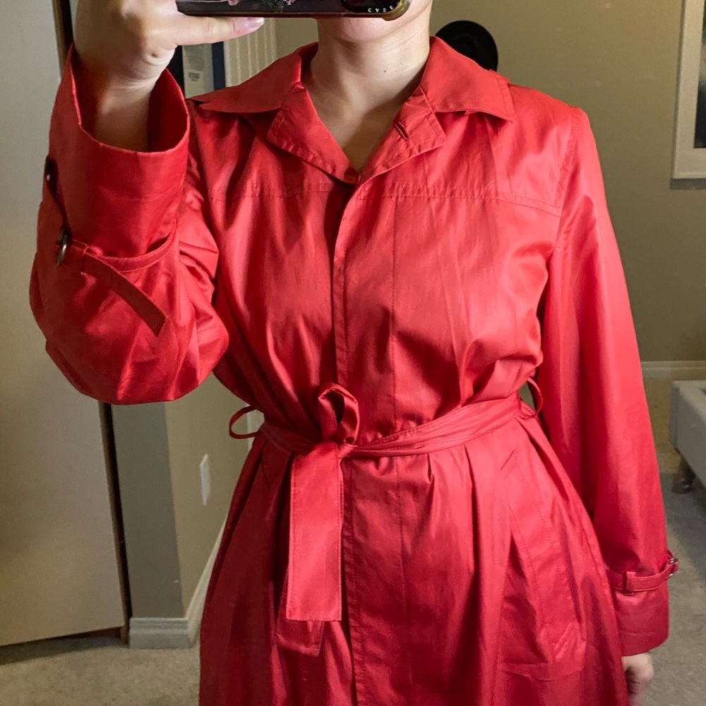 LONDON FOG Vintage Pink Rain Coat, Removable Hood, Tie Waist, Trench Coat